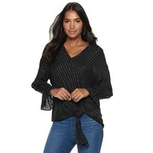 Juicy Couture Women's Black Silver Bell Sleeve Tie-Front V-Neck Surplice Top
